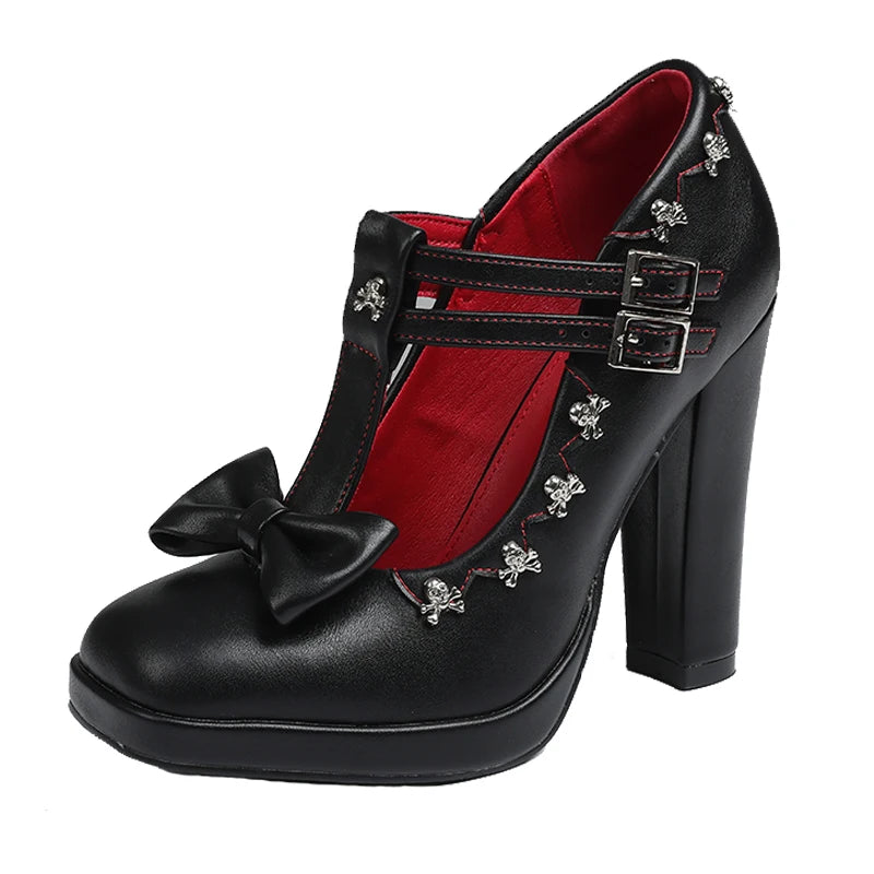 Women High Heels Mary Jane Shoes Buckle Closure Bow Adorned