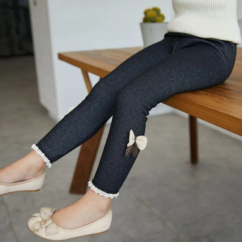 Girls Jean Pants Warm Leggings Thick Velvet Bowknot Kids