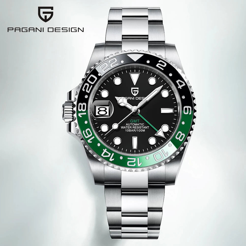 Luxury GMT Men's Mechanical Wristwatch Sapphire Glass Stainless Steel 100M Waterproof Automatic