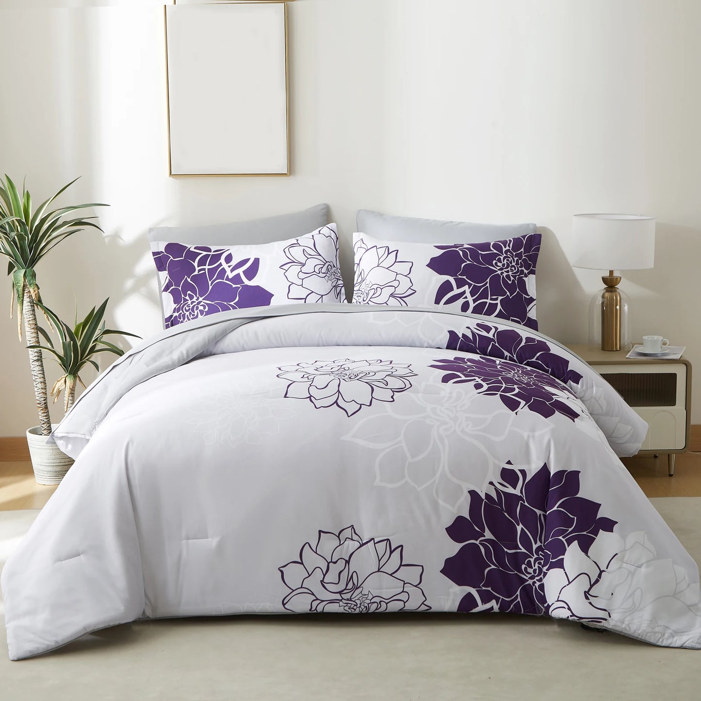 Comforter Set - 7 Pieces Floral Bedding Sets with Reversible Botanical Flowers