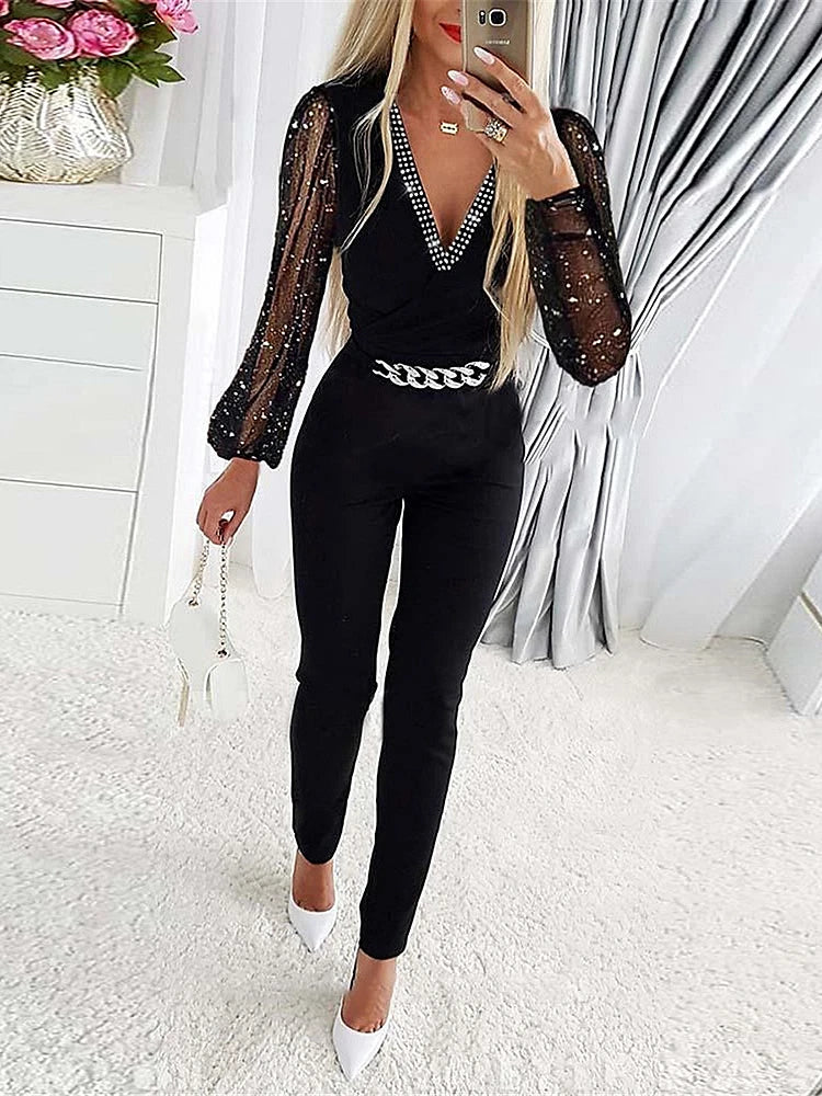 One Piece Slim Fit Jumpsuit with V Neck Full Sleeve