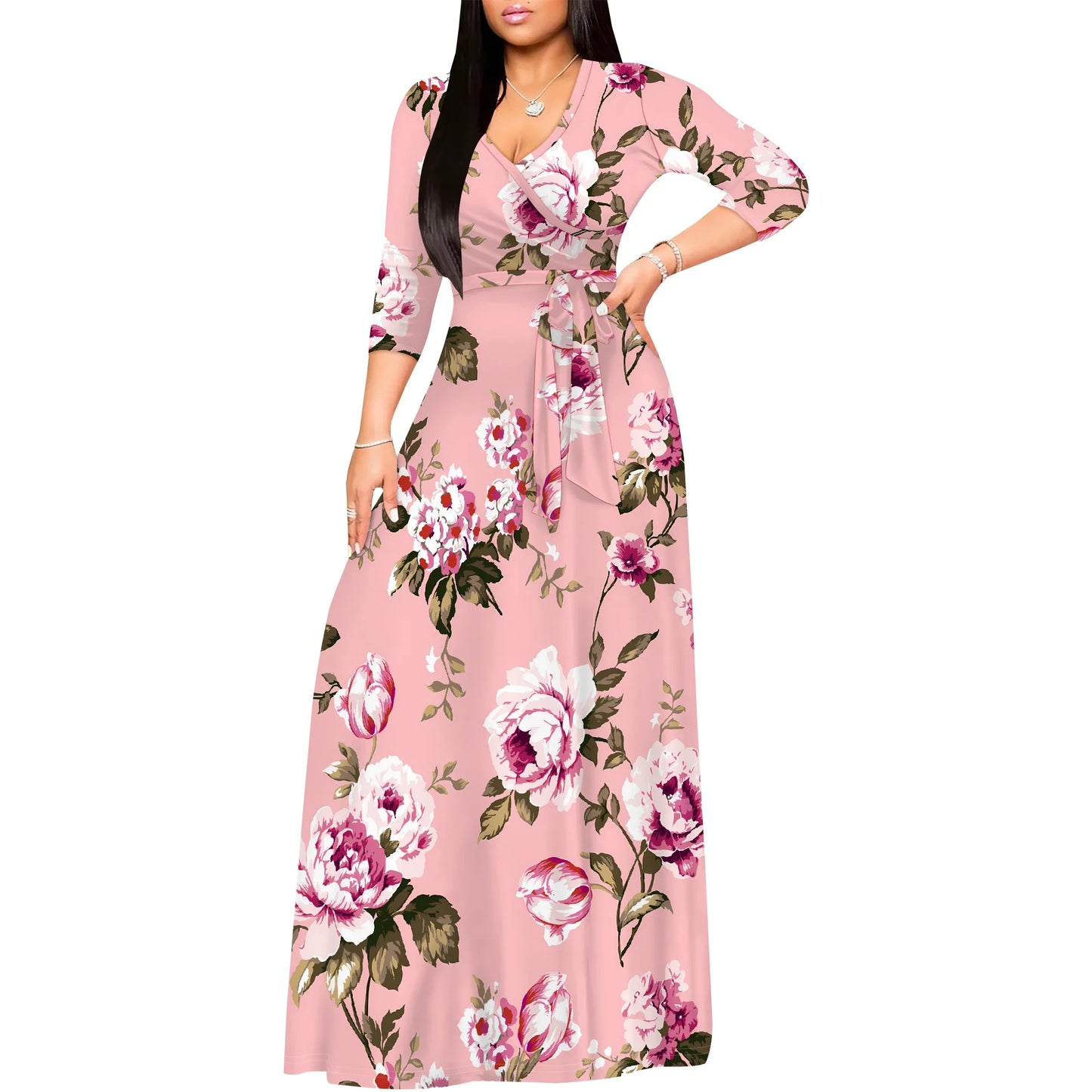 Romantic Floral Rose V-Neck 3/4 Sleeve Wrap Maxi Dress with Belt