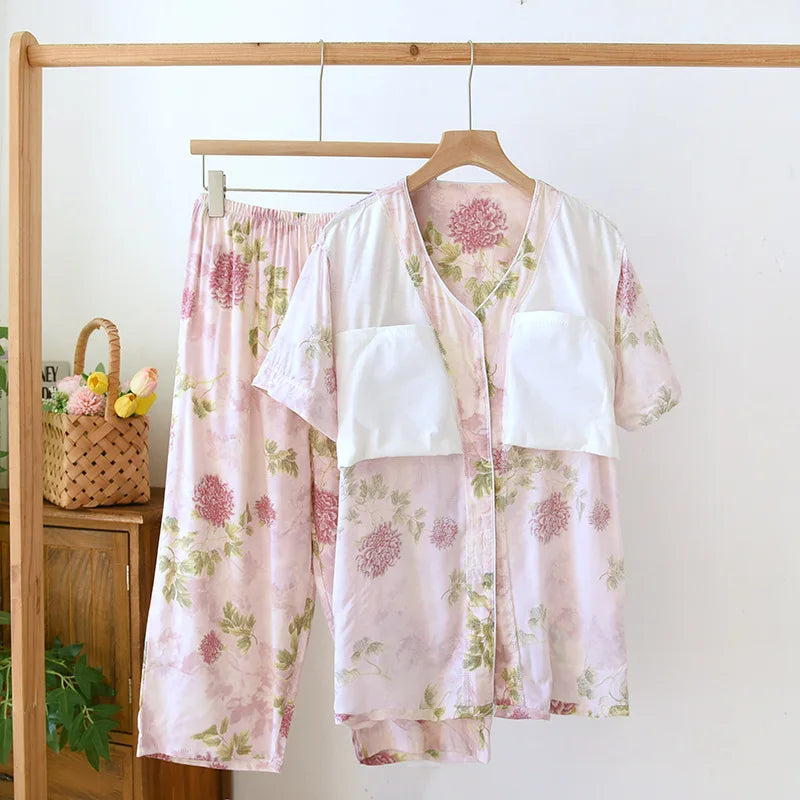 Thin Summer Floral Woman Pajama Sets Nightwear Top and Pants