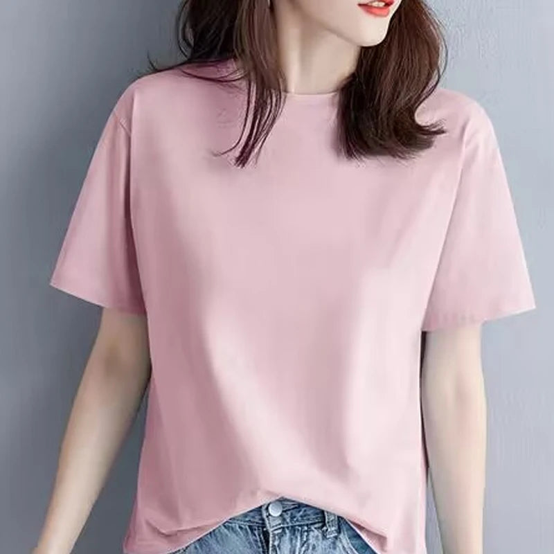 Summer 100% Cotton Regular-Fit Women Crew Neck Basic White T-Shirts