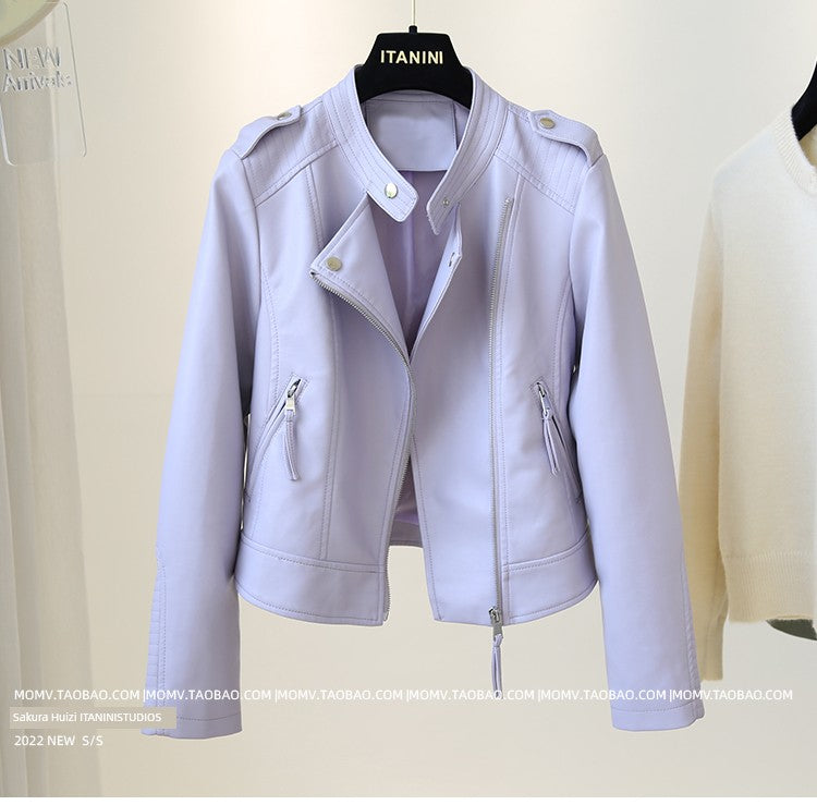 Short Stand-up Collar Slim-Fit Long-Sleeved Motorcycle Leather Coat