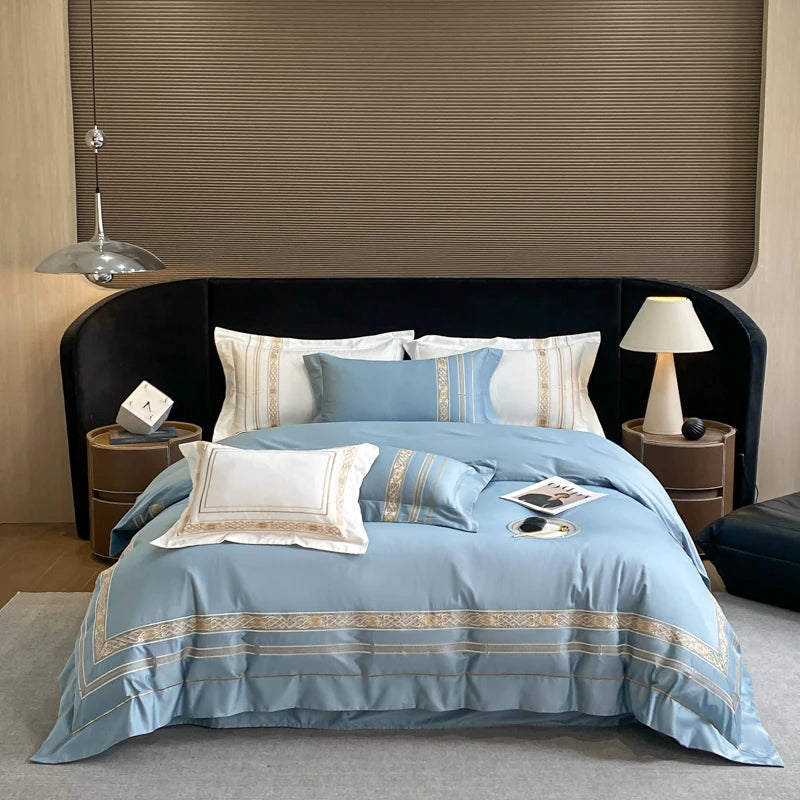 100% Egyptian Cotton Luxury Duvet Cover Set Gold Embroidery Hotel Style