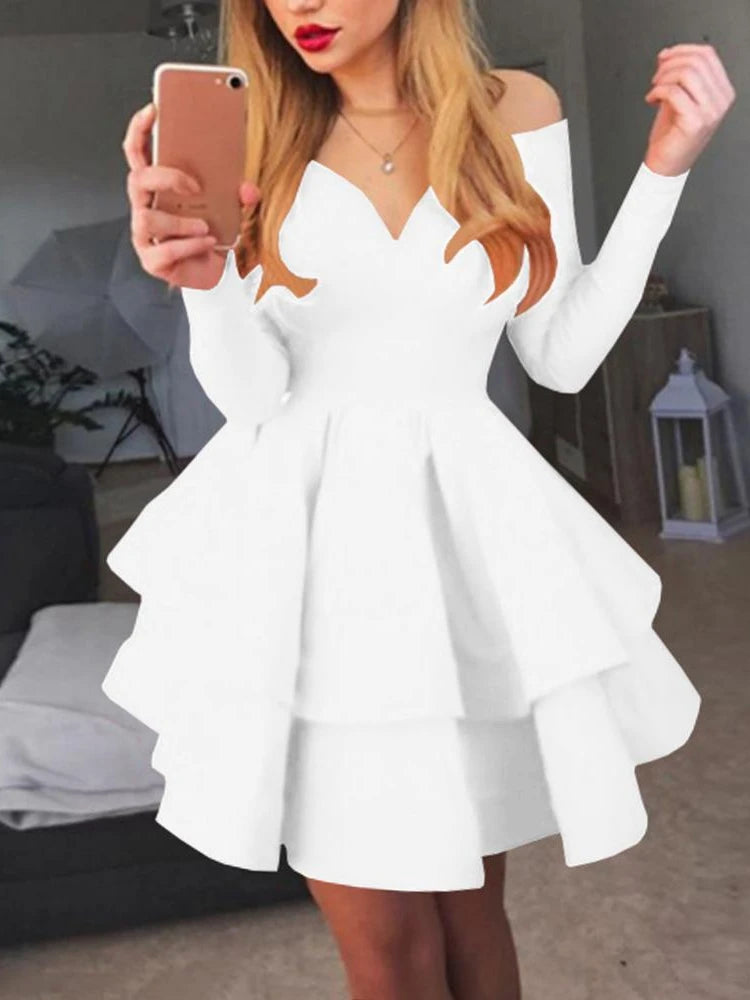 Elegant Women Long Sleeve V Neck Off Shoulder Swing Ruffled Hem Mini Dress
