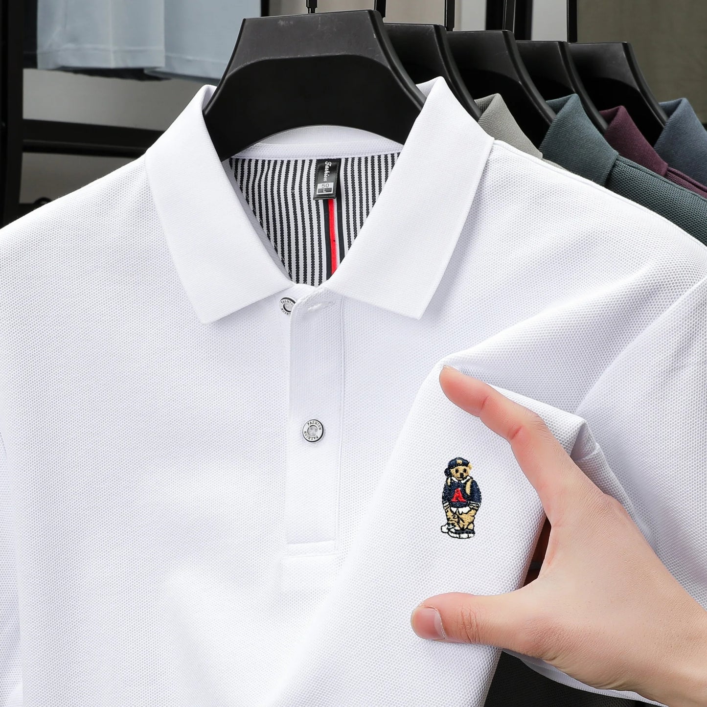 100% cotton high-end brand men short sleeve polo shirt cartoon bear embroidery comfort texture skin friendly breathable T-shirt