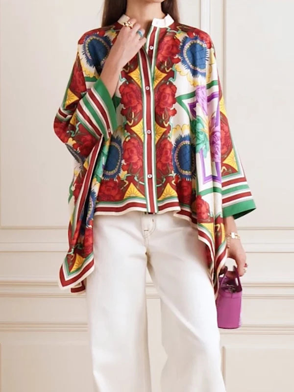 Spring Stylish Women Sleeves Flower Print Stand Collar Blouse