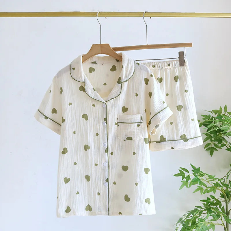 Summer pajamas short-sleeved shorts two-piece cotton crepe