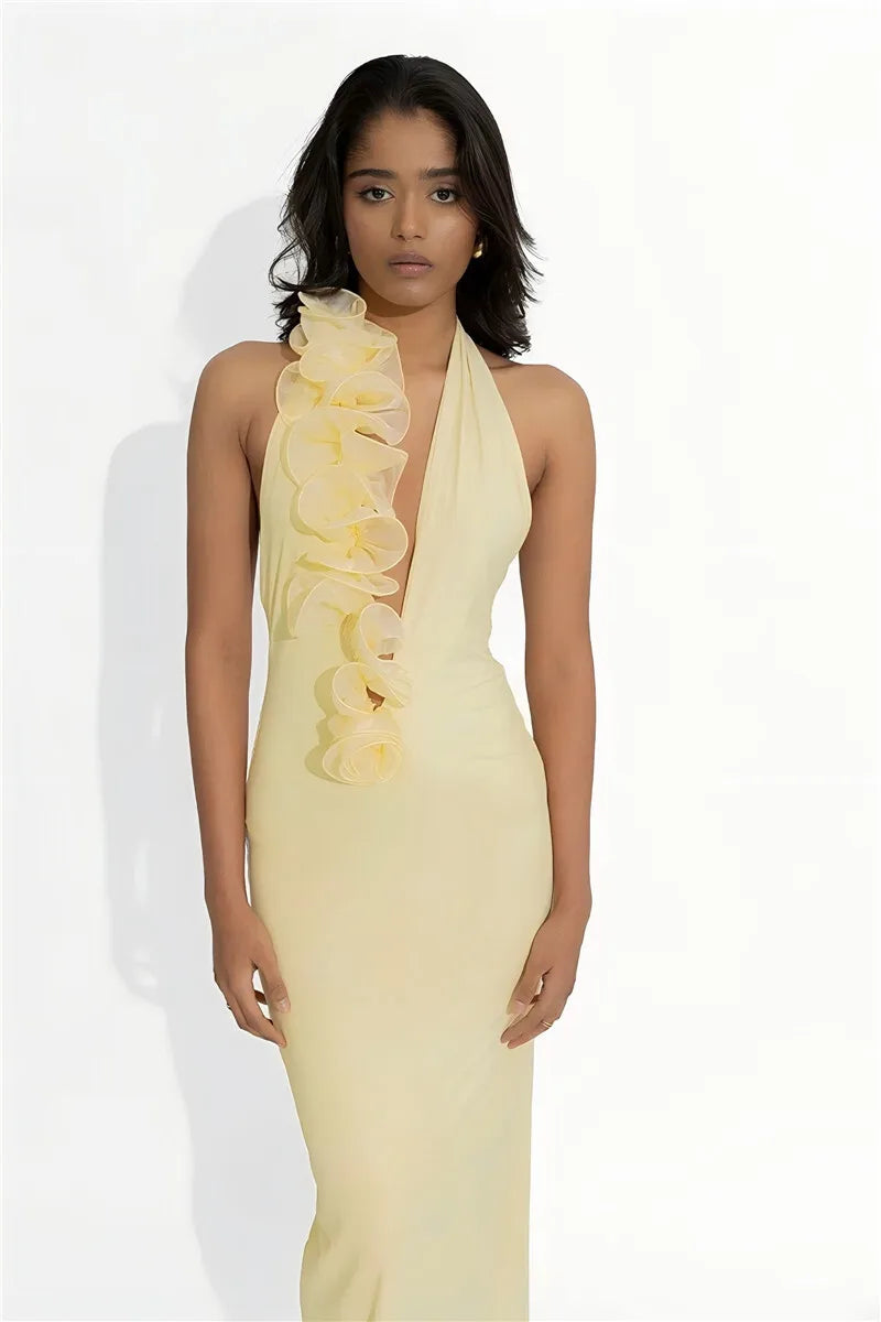 Mesh Rose Deep V Neck Sexy Maxi Dress For Women