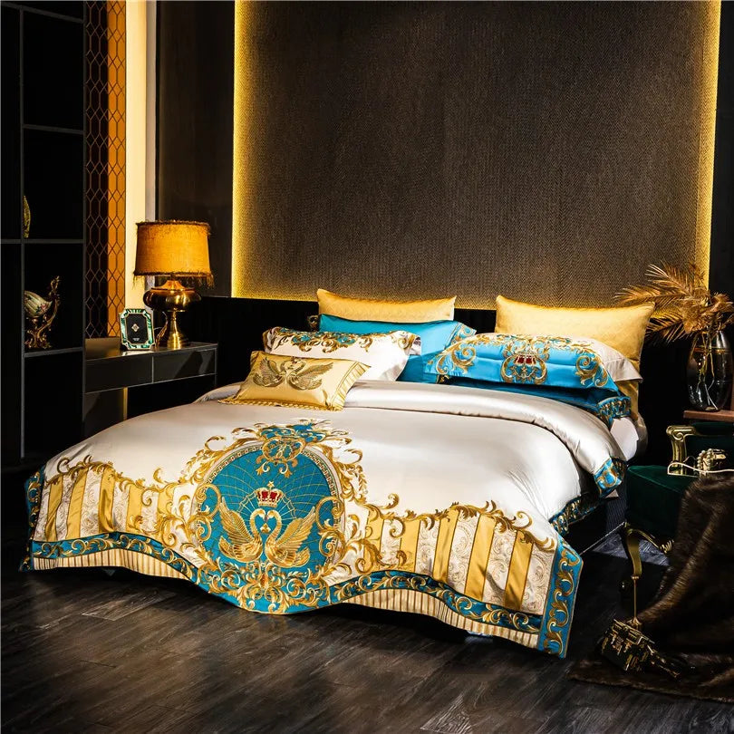 Gold and Blue Embroidery Satin Comforter Cover 4/6/10Pcs Bedding set