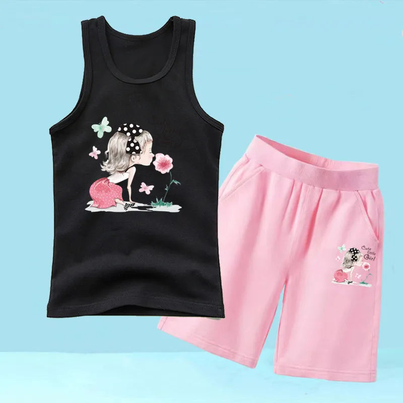 Summer Girls 2PCS Vest Set Perfume Bottle Print Sleeveless Top and Shorts