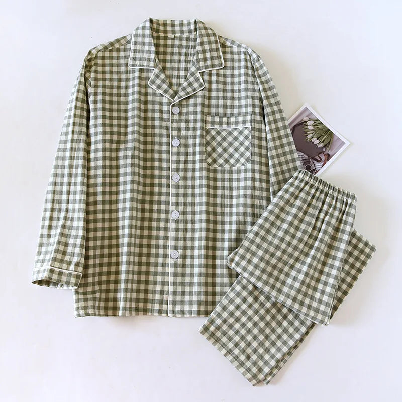 Spring and Autumn Unisex Pajama Set 100% Cotton Men's and Women's Plaid Long Sleeved Two Piece