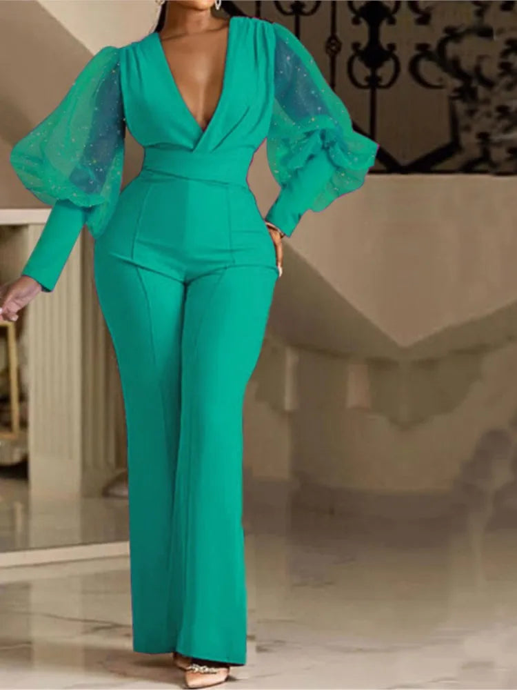 Elegant Jumpsuit Romper High Waist Overall Sequins Bodycon Long Sleeve