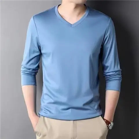 Men Thin Solid Cotton T-shirt Long Sleeve V-Neck Thin