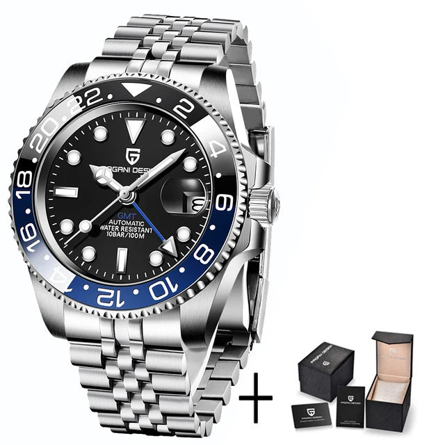 Luxury GMT Men's Mechanical Wristwatch Sapphire Glass Stainless Steel 100M Waterproof Automatic