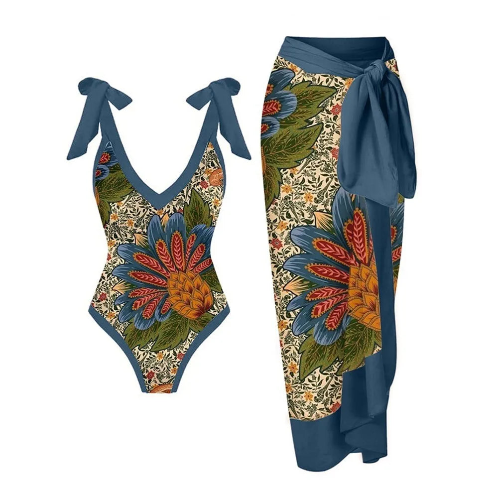 2-Piece Women Brazilian Floral Printed Ruffle Bikinis Strappy Bandage Swimwear