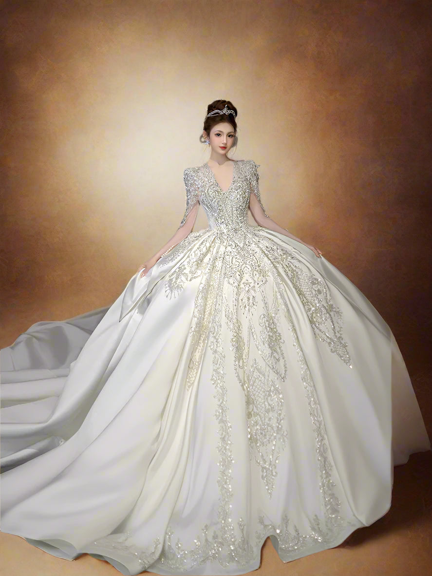 Luxury Classic Full sleeve Satin Wedding Dresses with Royal Train Customized