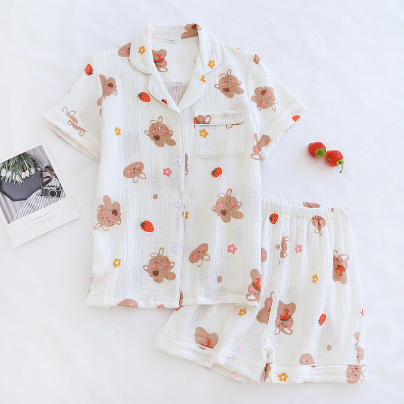 Summer pajamas short-sleeved shorts two-piece cotton crepe