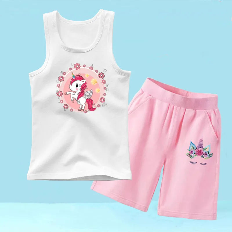 Summer Girls 2PCS Vest Set Perfume Bottle Print Sleeveless Top and Shorts