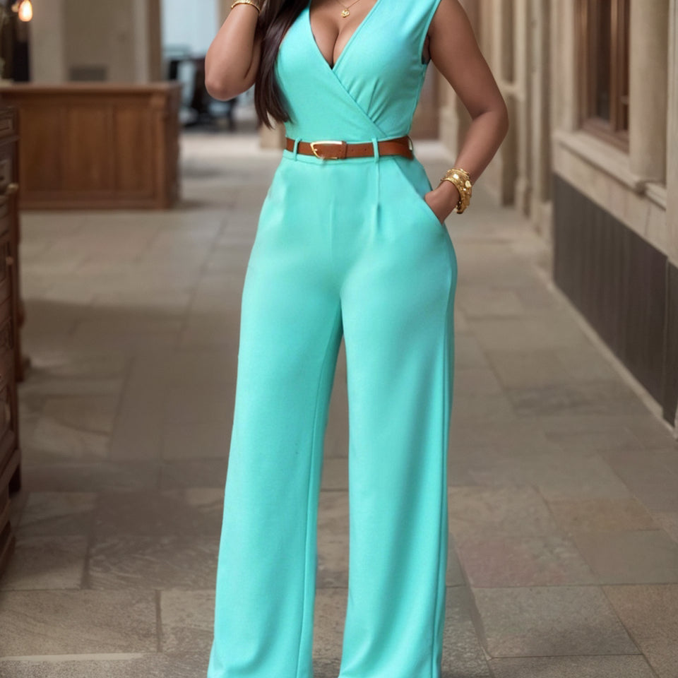 V-neck Wide-leg Pants Irregular Suit With Belt Playsuit