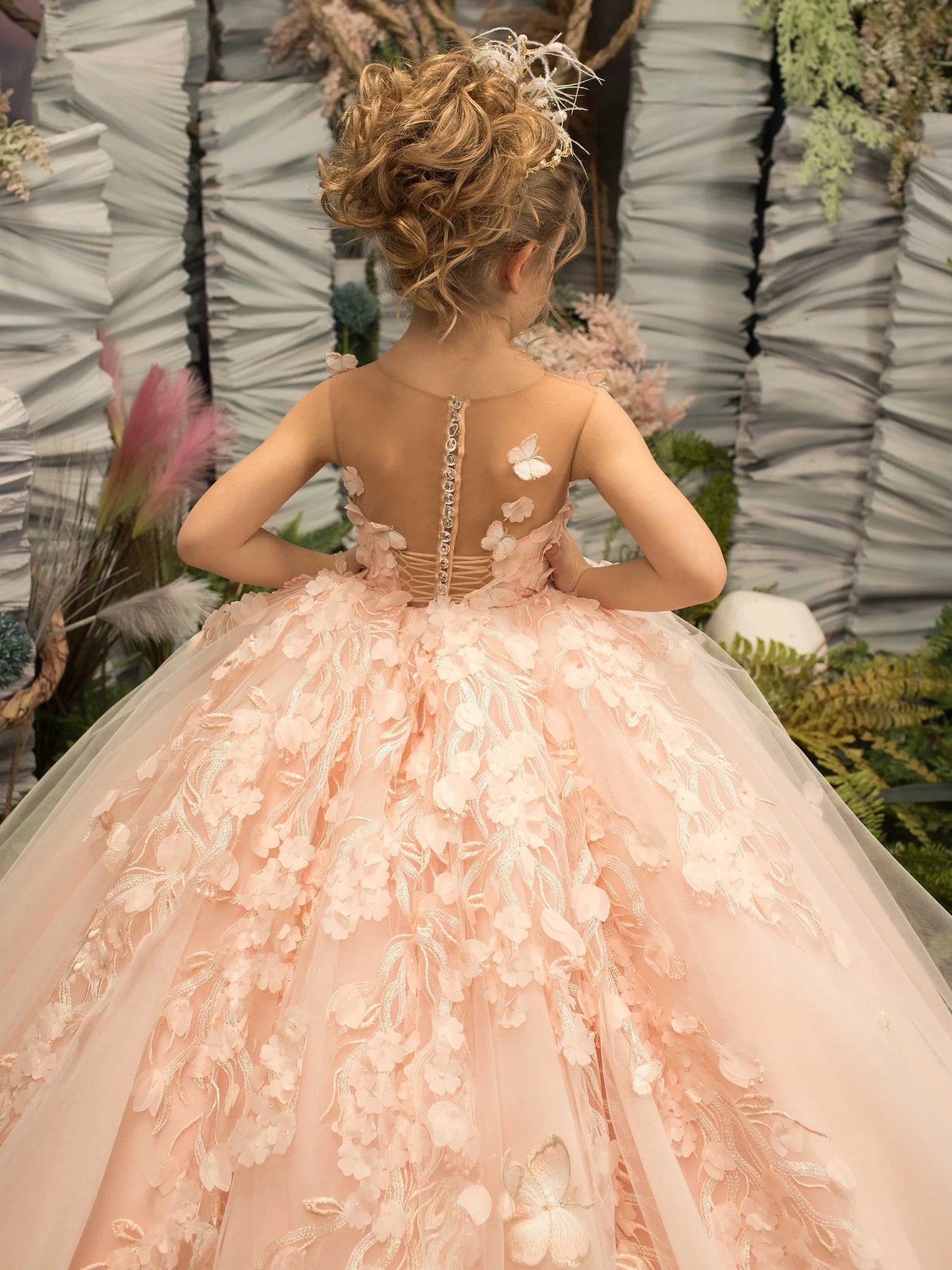 3D Floral Embroidery Bridesmaid Flower Girl Dress