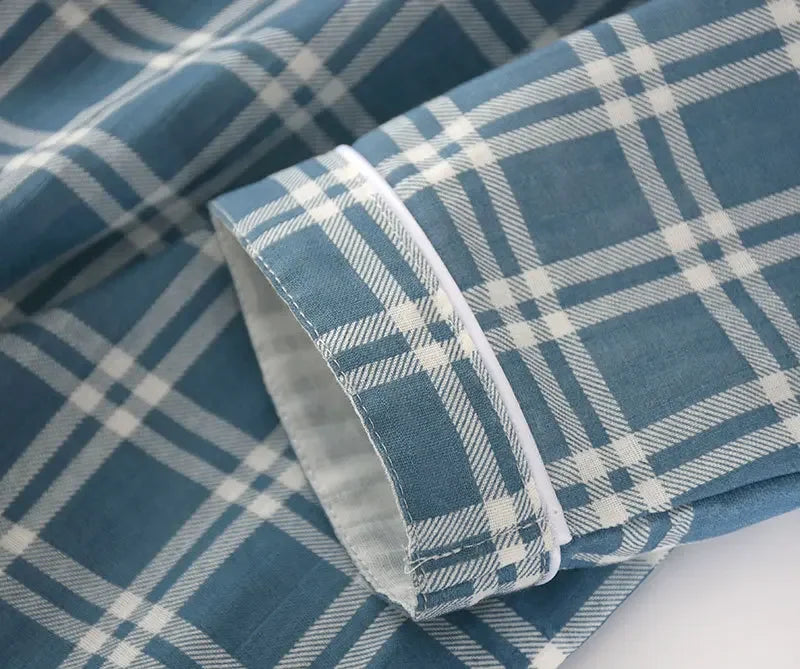 Men's Pajamas Sets Long-sleeved Cardigan Tops and Trousers 100% Cotton Double Gauze Lattice Sleepwear