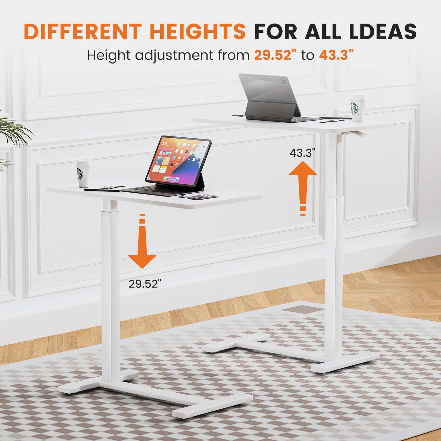 Mobile Standing Desk Table with Hidden Wheels Adjustable Height