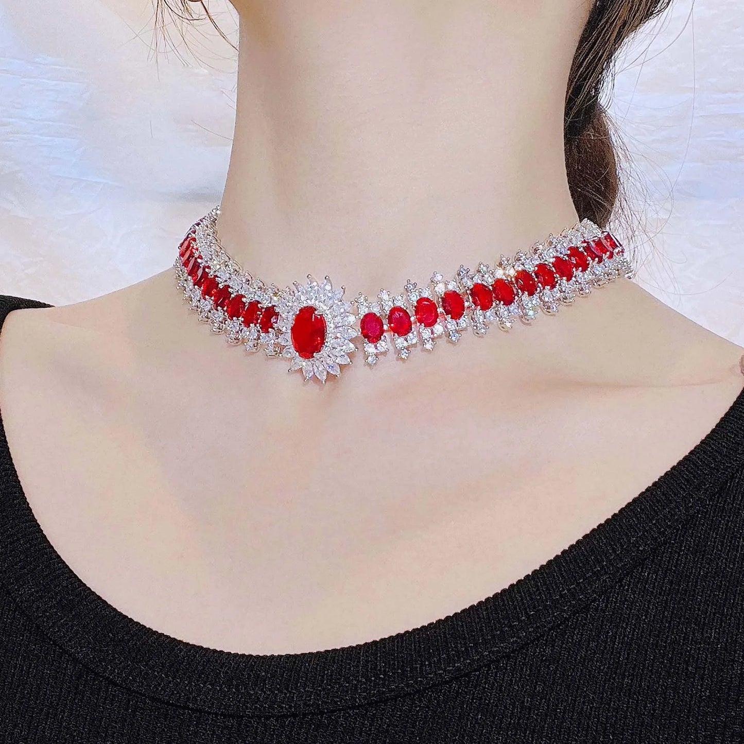 Women Necklace plated 18K red zircon flower bracelet