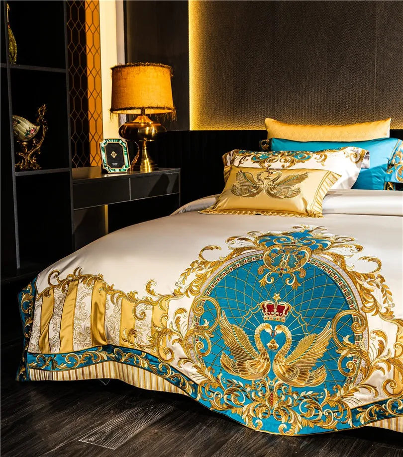 Gold and Blue Embroidery Satin Comforter Cover 4/6/10Pcs Bedding set