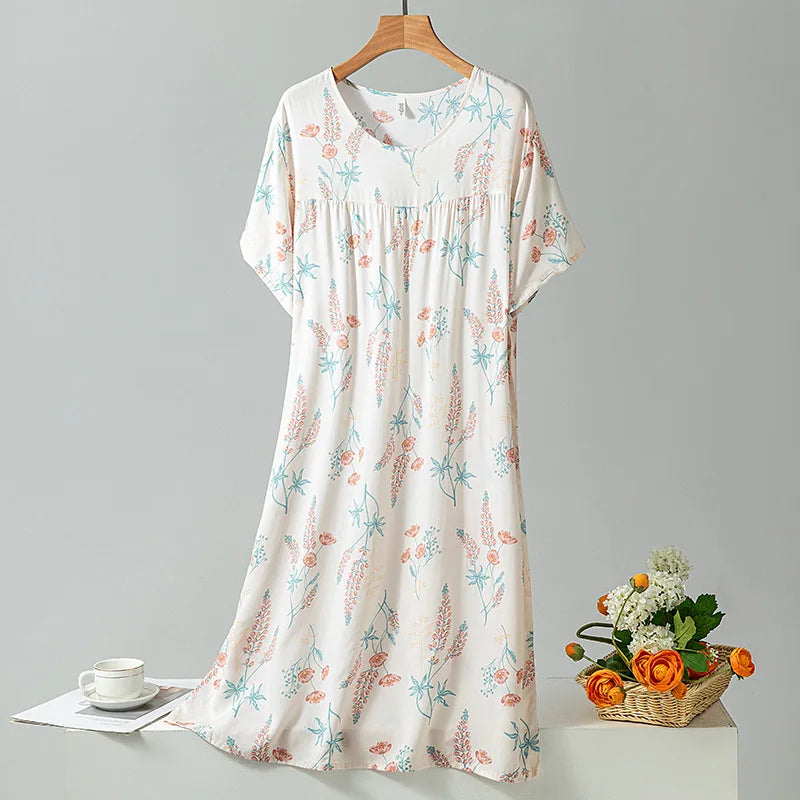 Summer Women Nightgown Short Sleeve Round Neck