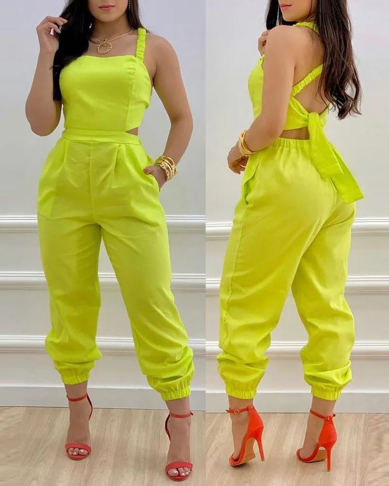 Women's Jumpsuit Solid Color Suspenders Sleeveless Wide Leg Straight Pants