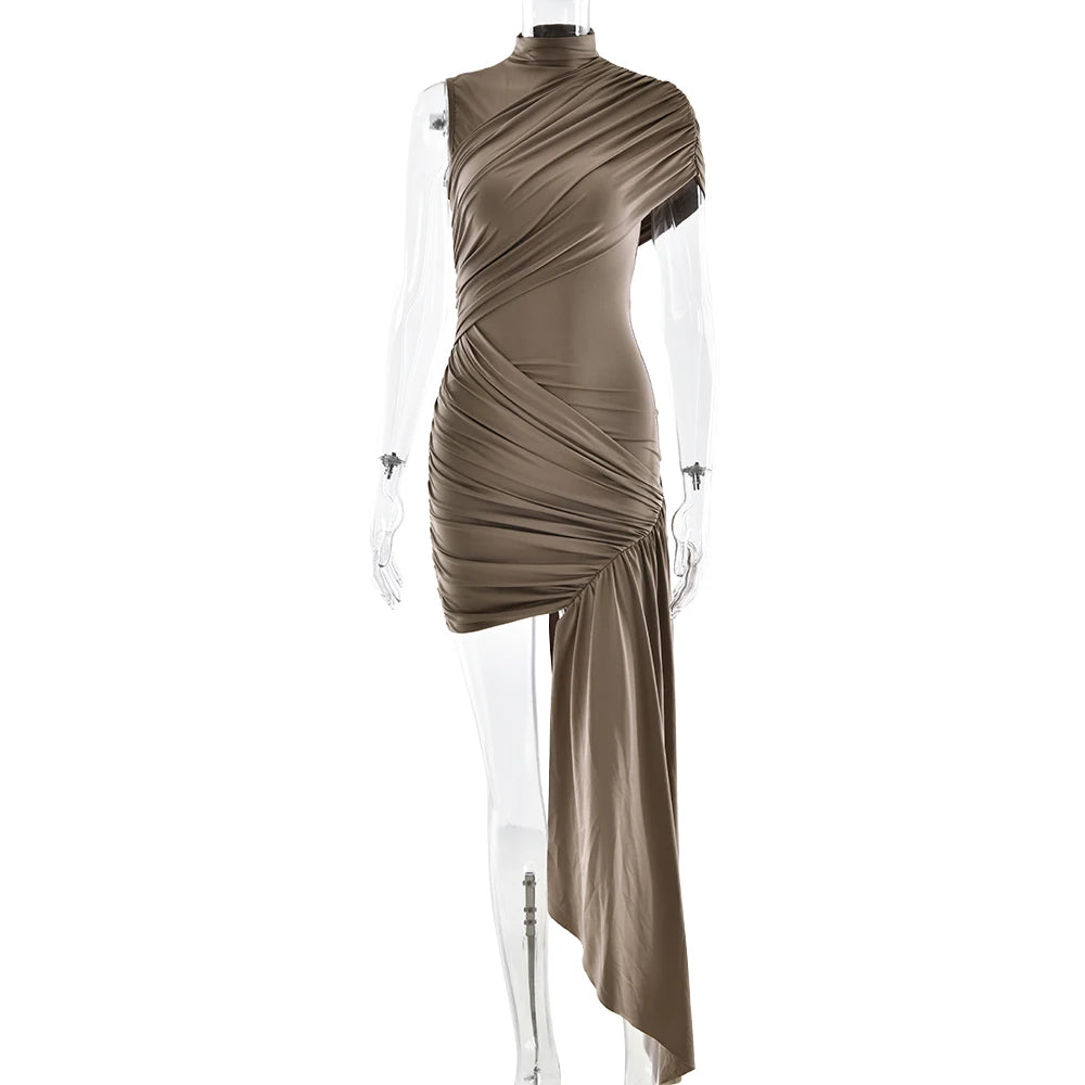 Irregular Round Neck Ruched Ribbon Women Dress