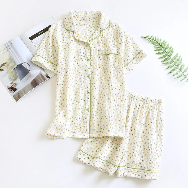 Summer women's cotton crepe three-piece short sleeve + shorts + trousers large size simple flower pajamas