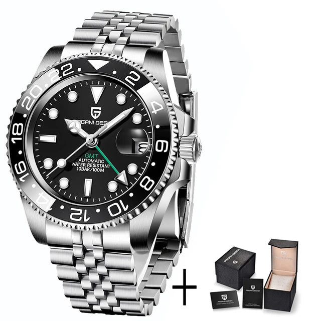 Luxury GMT Men's Mechanical Wristwatch Sapphire Glass Stainless Steel 100M Waterproof Automatic
