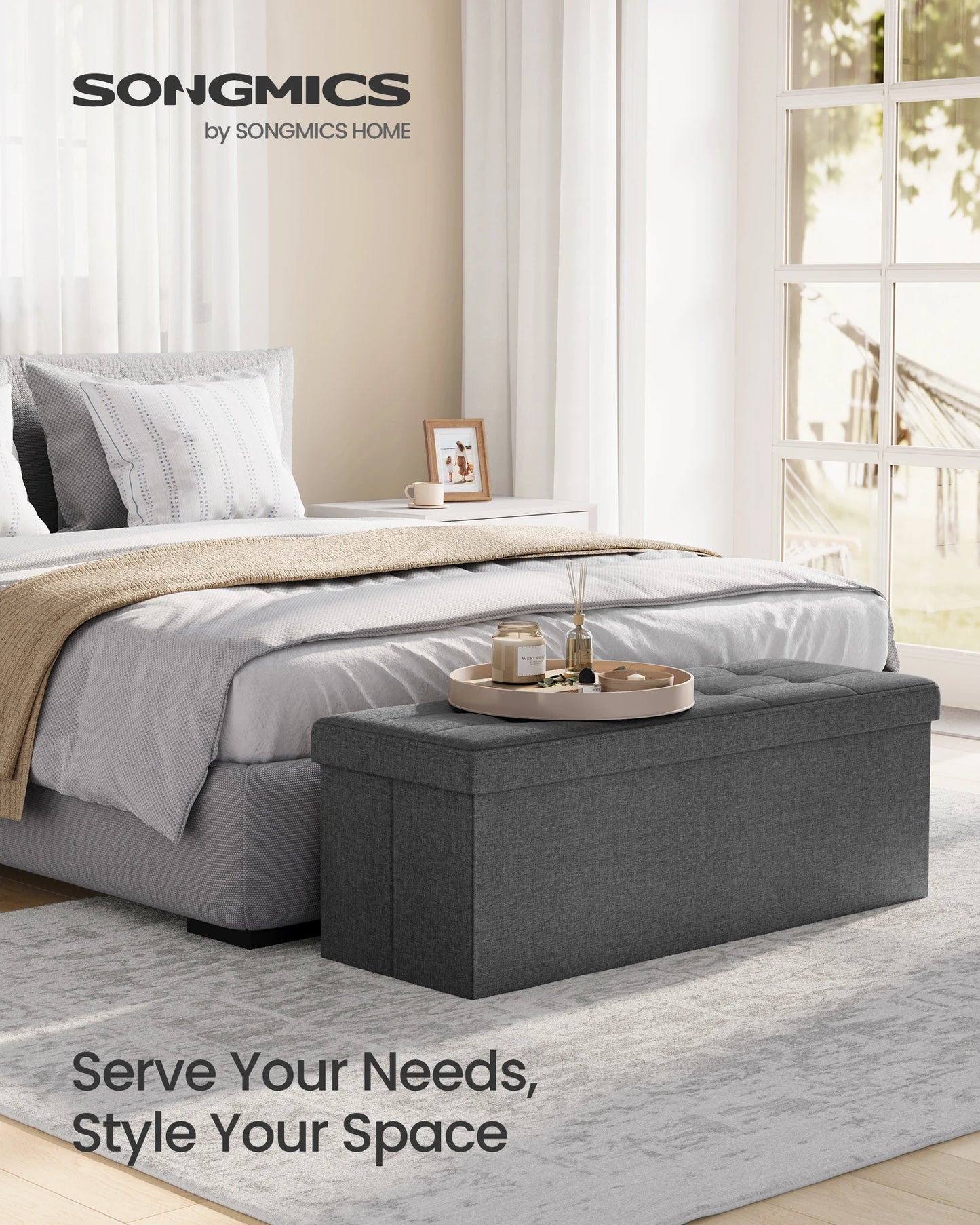 Mazie Collection - 43 Inches Folding Storage Ottoman Bench, Ottoman Foot Rest, End of Bed Bench, Storage Chest