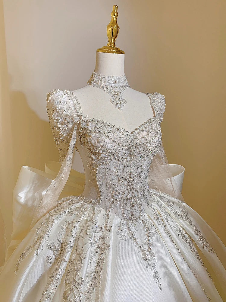 Satin Wedding Dress with Square Collar Lace up Luxury Bridal Ball Gown Floor-Length off the Shoulder with Train