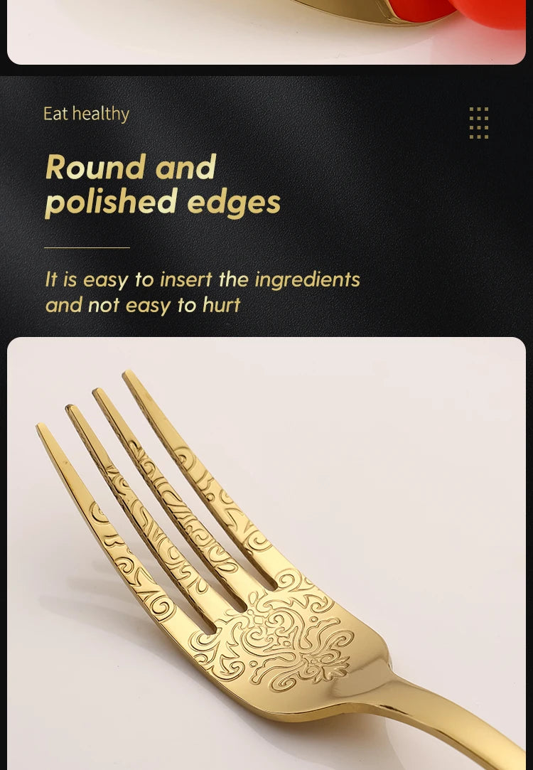 5Pcs Cutlery Set Stainless Steel Tableware Carving Golden Dinnerware