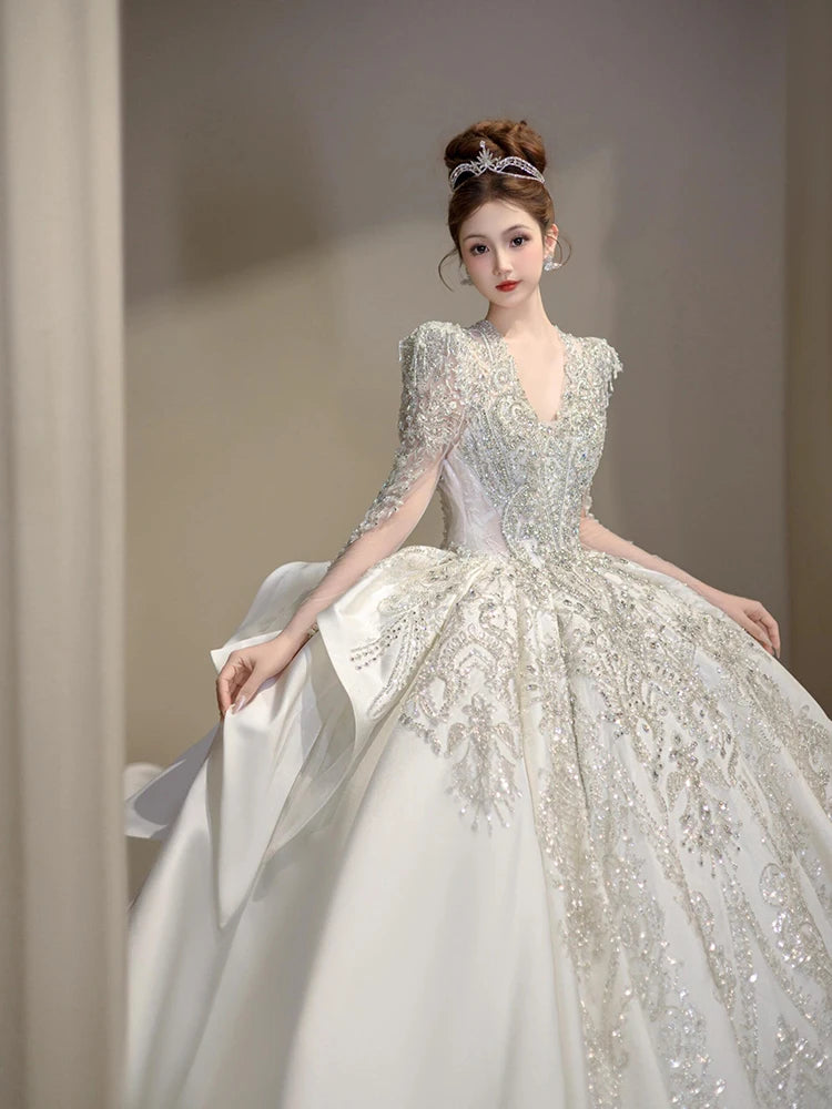 Luxury Classic Full sleeve Satin Wedding Dresses with Royal Train Customized