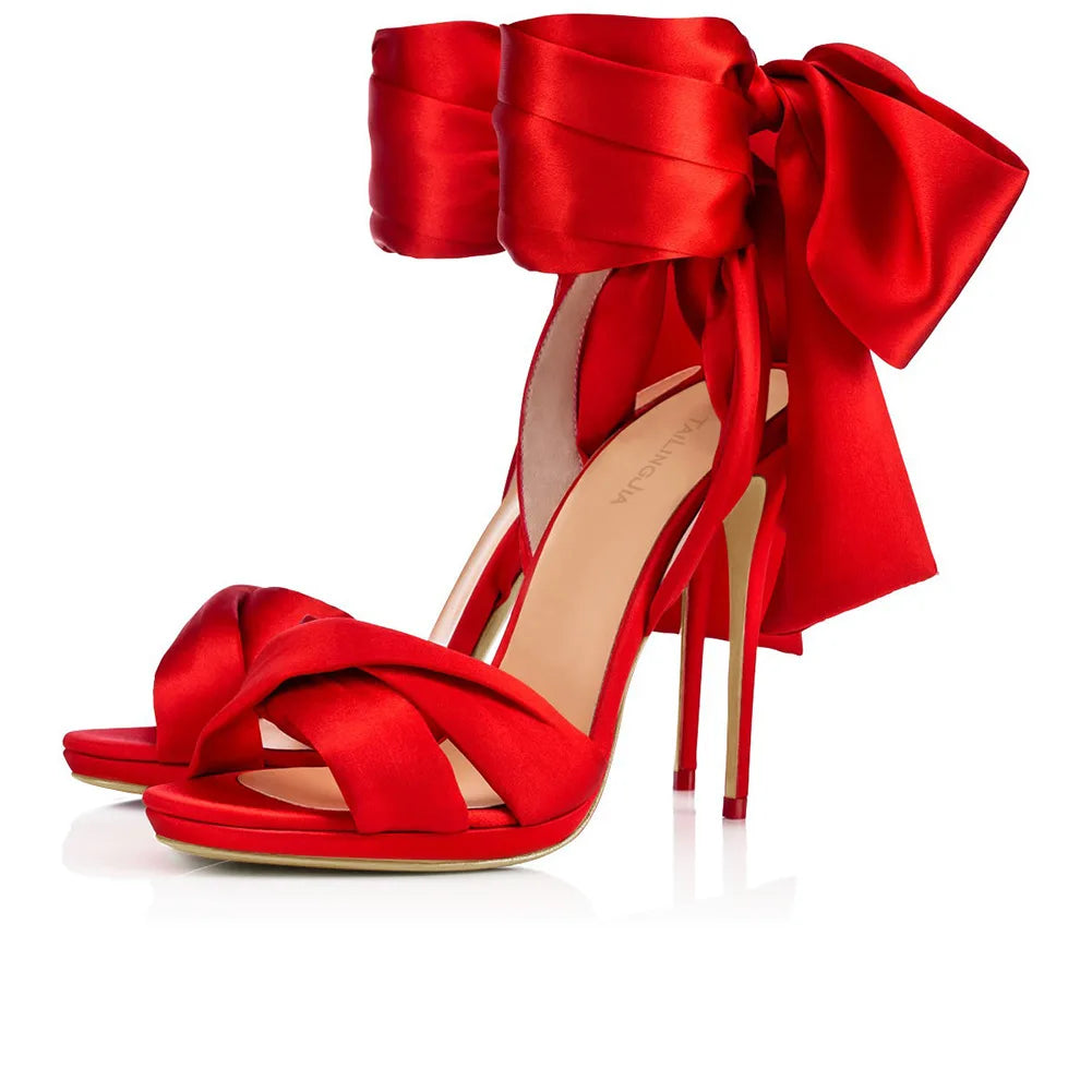 Summer satin bow cross-band sexy open-toe women sandals thin high-heeled shoe