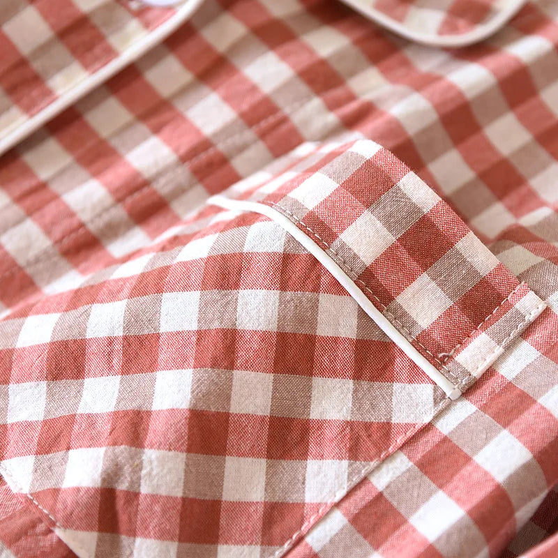 Spring and Autumn Unisex Pajama Set 100% Cotton Men's and Women's Plaid Long Sleeved Two Piece
