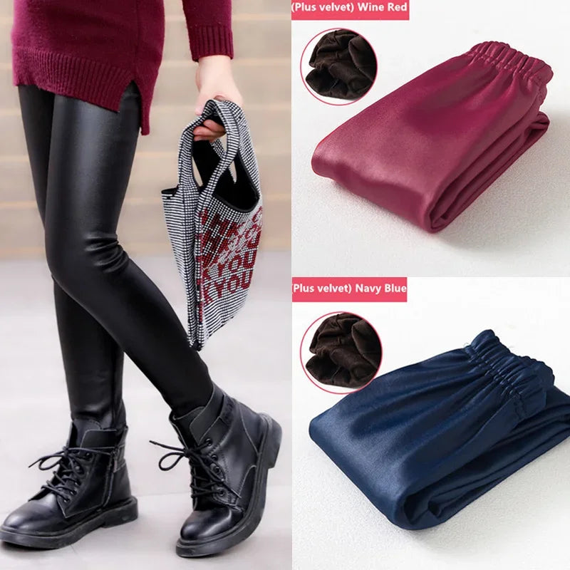 Girls Leggings PU Leather Warm Slim Pants