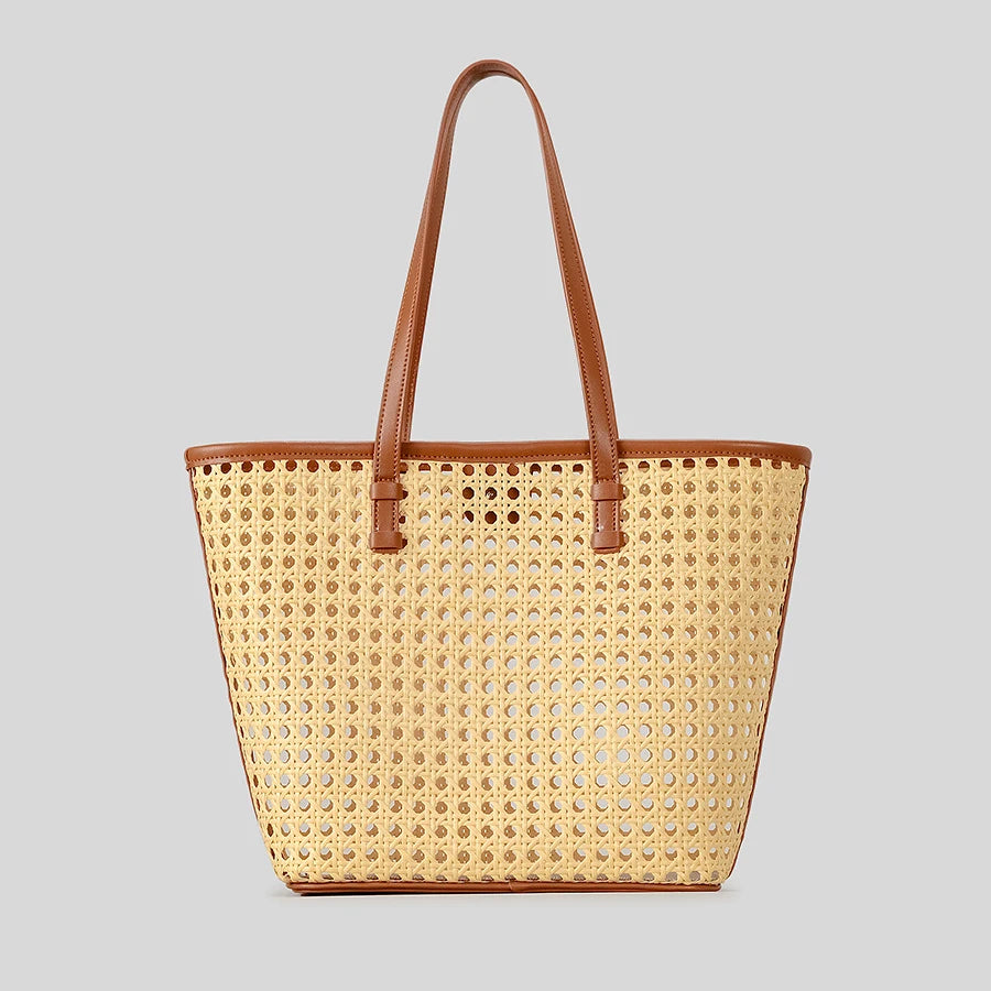 Fashion Hollow Buckets Faux Rattan Woven Women Shoulder Tote Bags