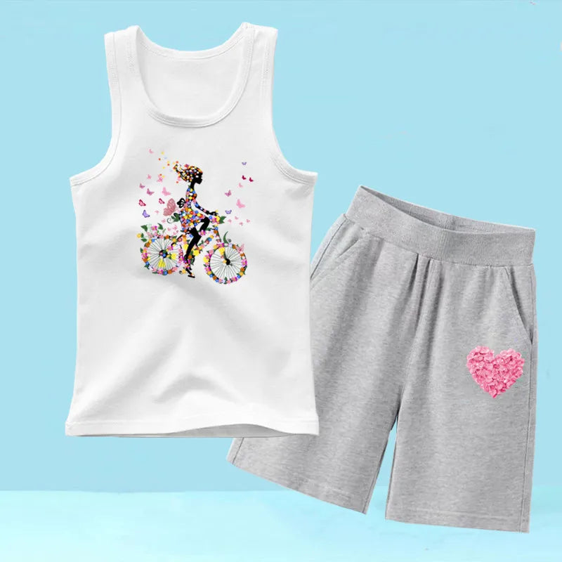 Summer Girls 2PCS Vest Set Perfume Bottle Print Sleeveless Top and Shorts