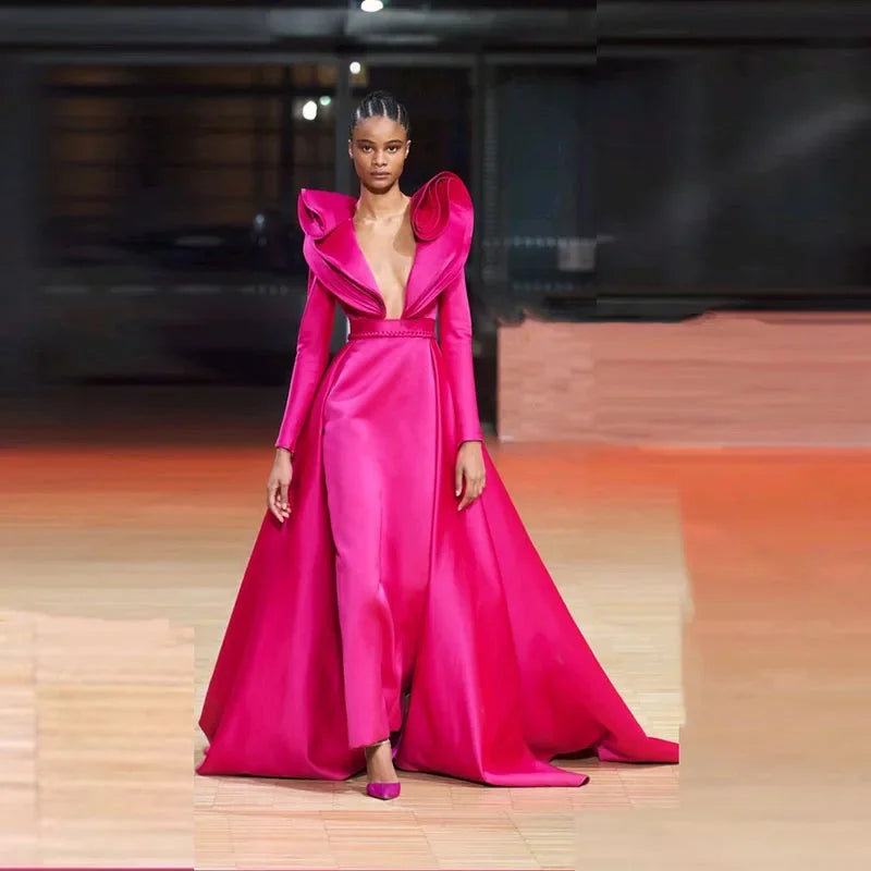 Fuchsia Deep V Neck Ruffles A Line Evening Gown Long Sleeves Satin Sweep Train