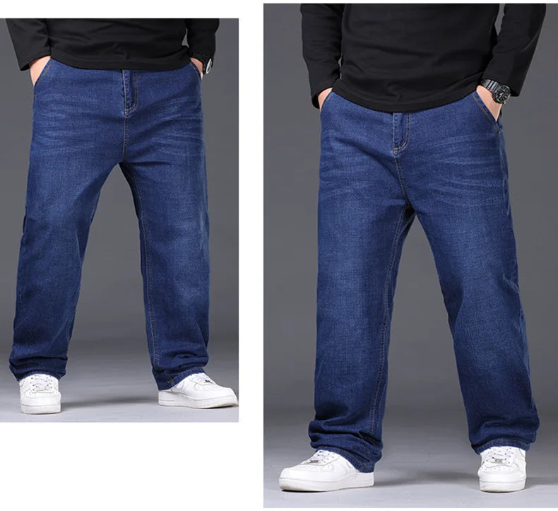 34-50 Sizes Men's Stretch Jeans Straight Leg Denim Pants Extended Sizing Blue/Black Streetwear Relaxed Fit for Work & Casual