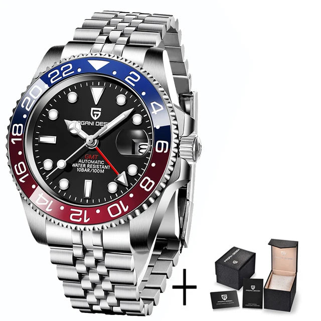 Luxury GMT Men's Mechanical Wristwatch Sapphire Glass Stainless Steel 100M Waterproof Automatic