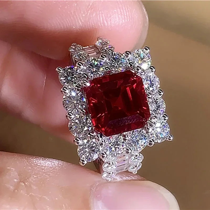 Exquisite Red Stone Jewelry Silver Square Geometry Ring for Women