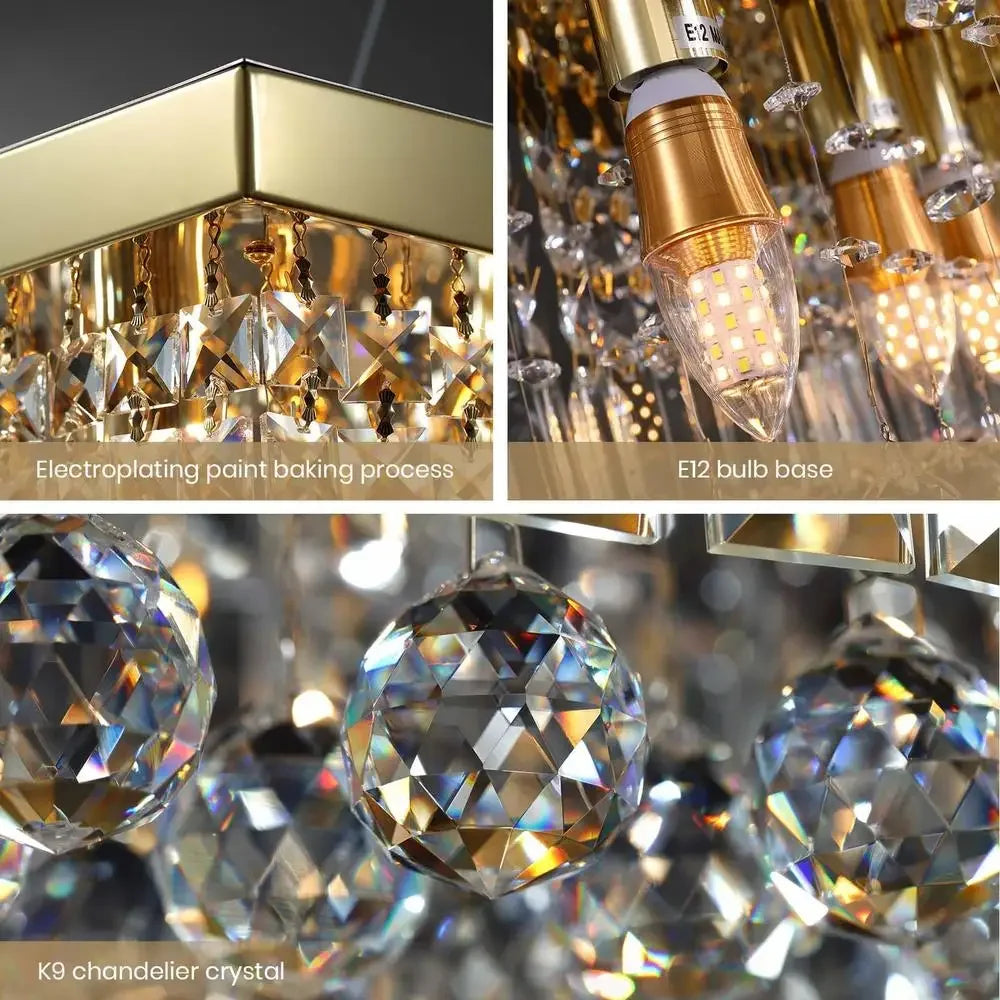 Modern Rectangular Gold Crystal Chandelier Pendant Light Fixture Dining Kitchen Island E12 Bulb 8-Light Adjustable Chain